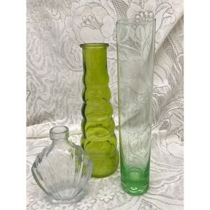 Vintage Green & Clear Glass‎ Vase Set, Etched Wedding Centerpiece